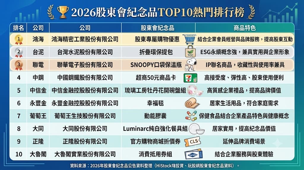 2026年股東會紀念品熱門TOP10｜上市櫃公司實際公告品項整理
